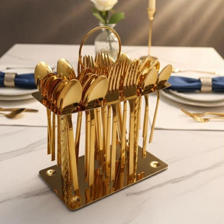 Premium Stainless Steel Golden Finish Spoon Set | Complete Dining & Cooking Spoons | Durable & Rust Resistant